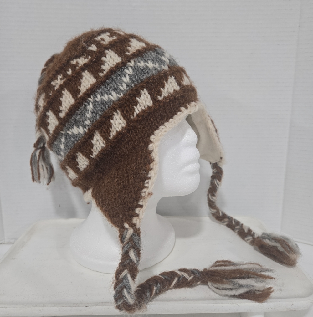 Nepal Wool Sherpa Ear Flap Tassel Hat Cabincore Boho Winter Ski Snow Brown Gray